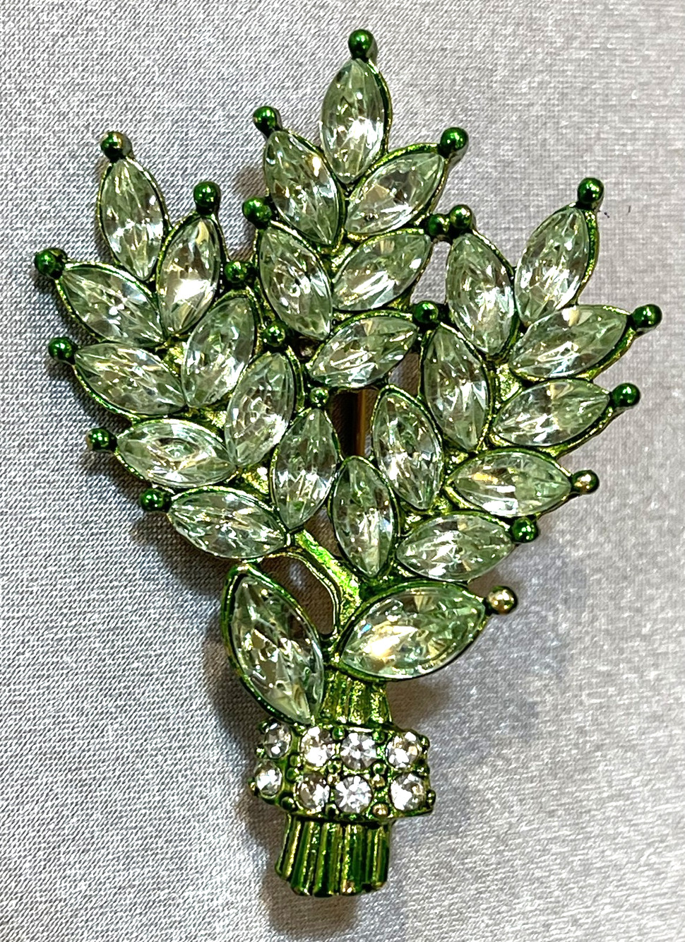 Green Floral Brooch Lapel Pin Enamel Rhinestone Crystal Gold Toned Leaf Pin